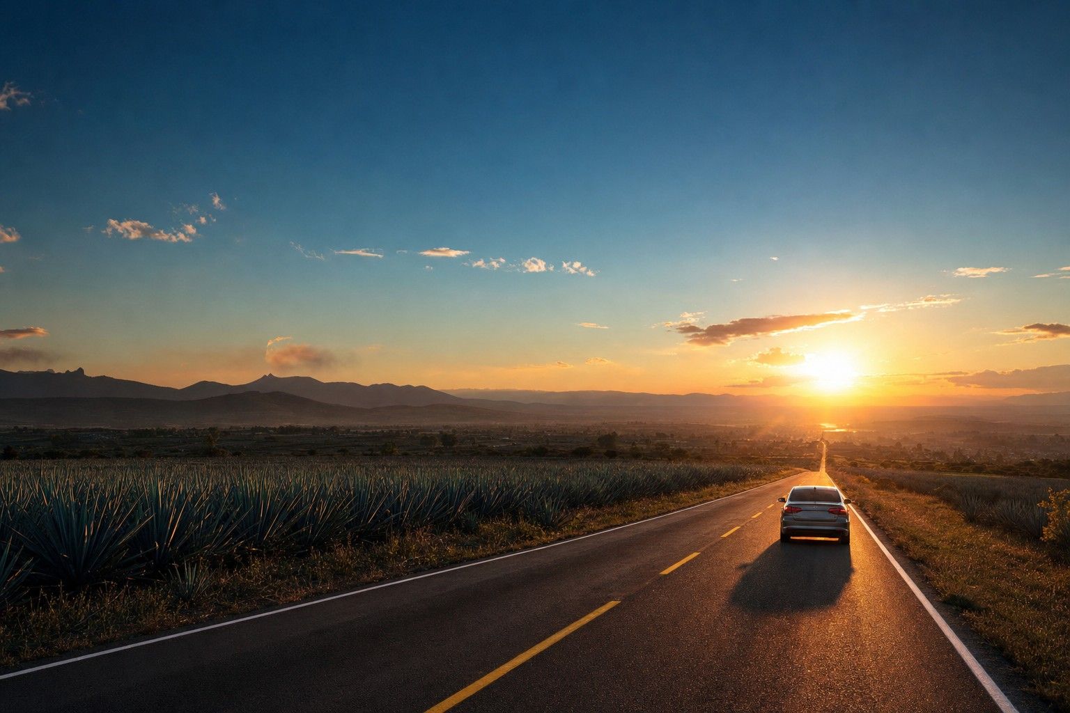 Carretera de Jalisco al atardecer — un auto va de regreso a casa