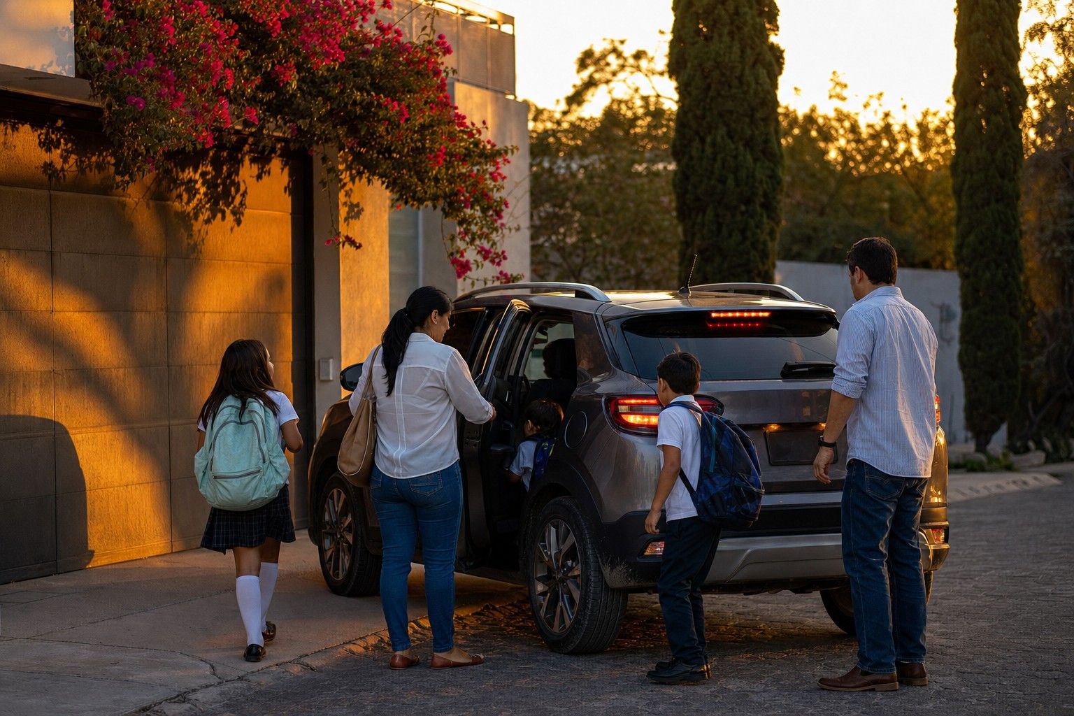 Familia llegando a casa en su auto al atardecer, en un barrio de Jalisco
