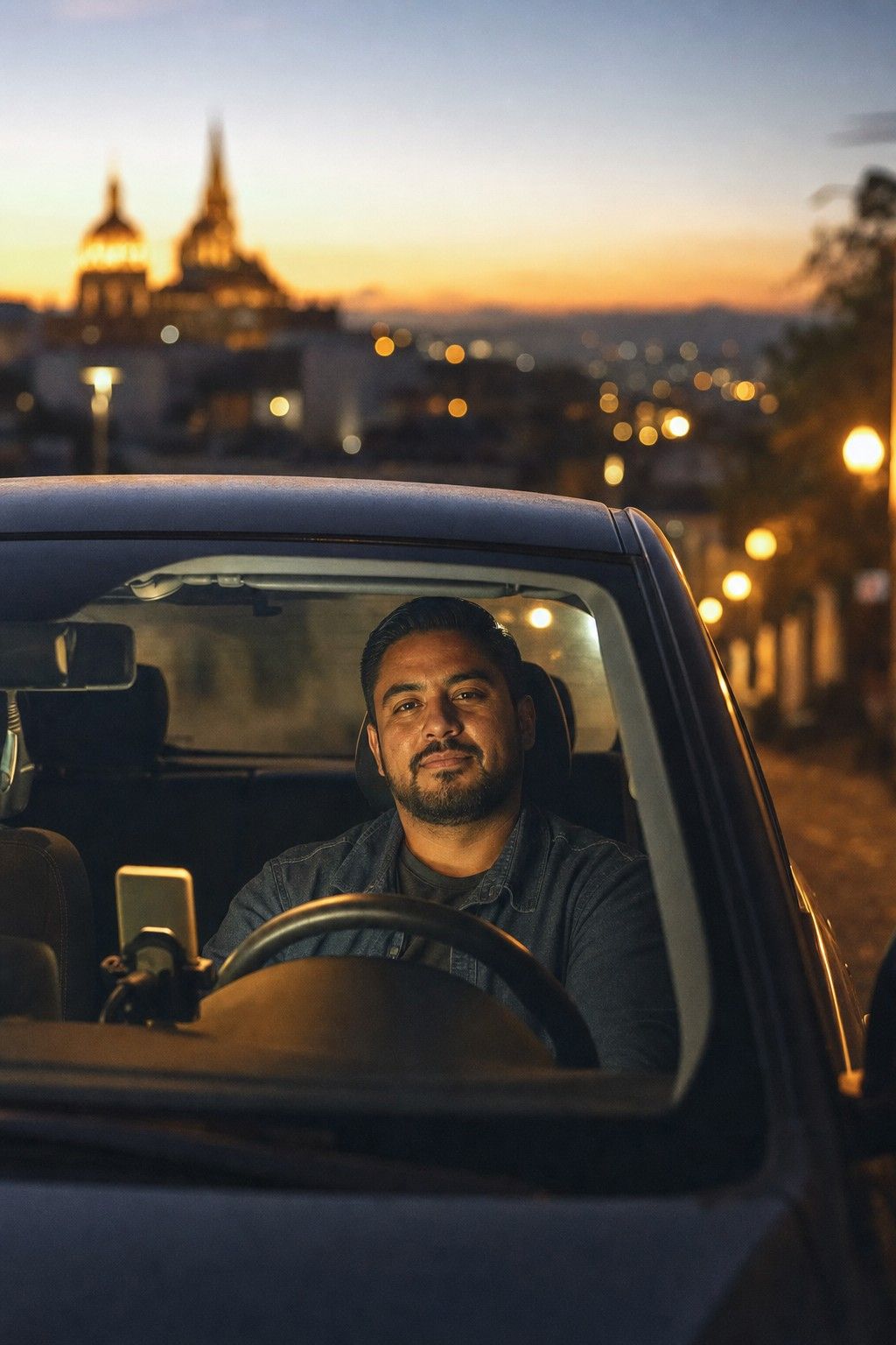 Conductor de plataforma esperando un viaje en la ciudad al anochecer