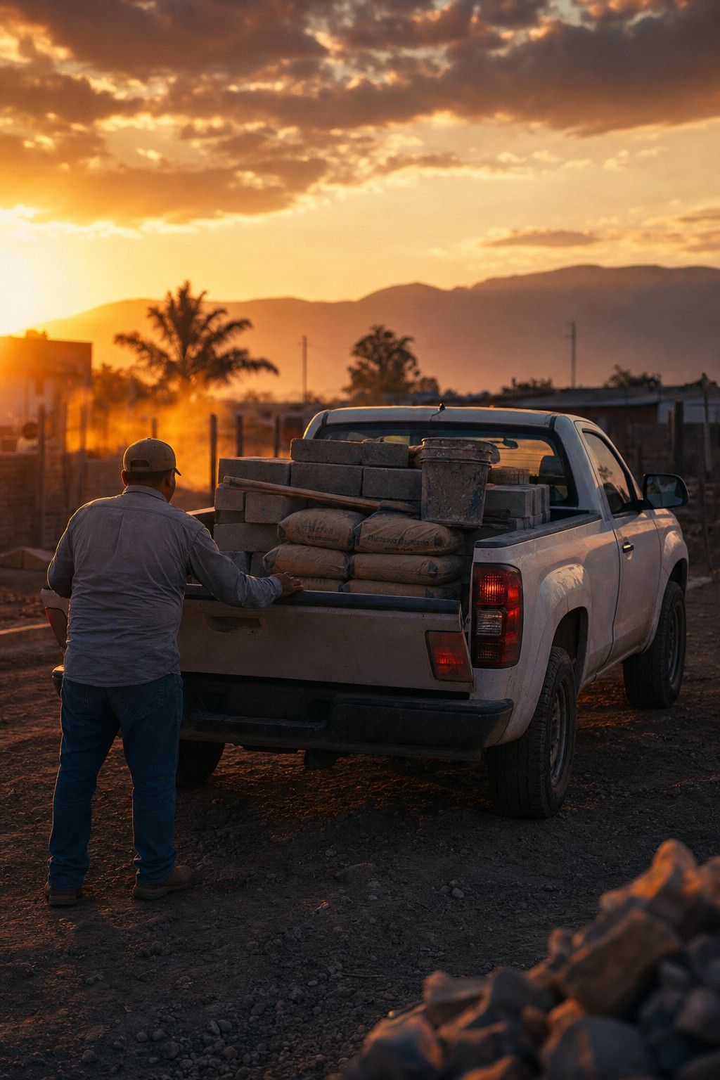 Pick-up de trabajo cargada, estacionada frente a una obra al atardecer